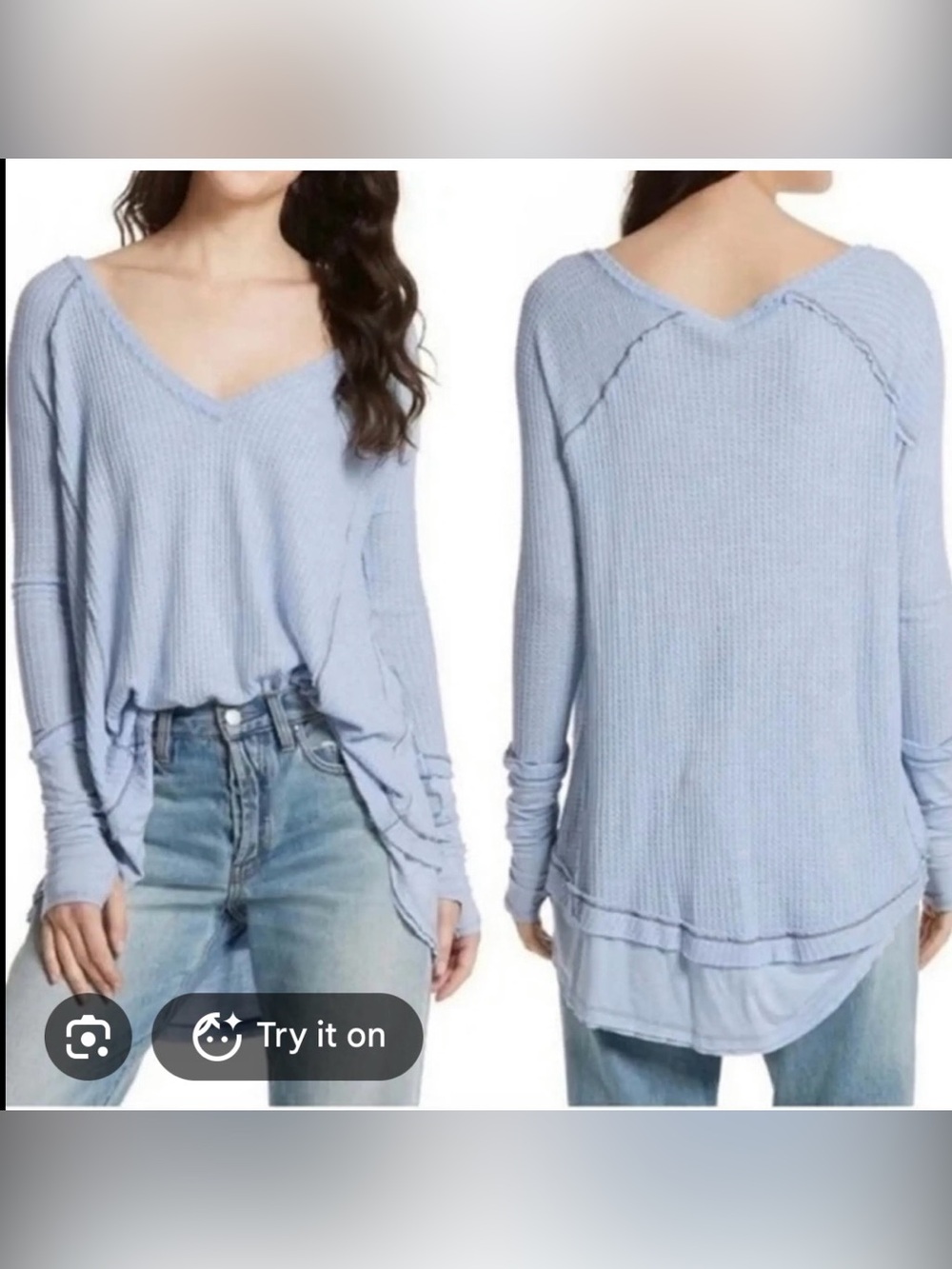 We The Free Laguna Thermal Light Blue V-Neck Layered Waffle Knit Swea